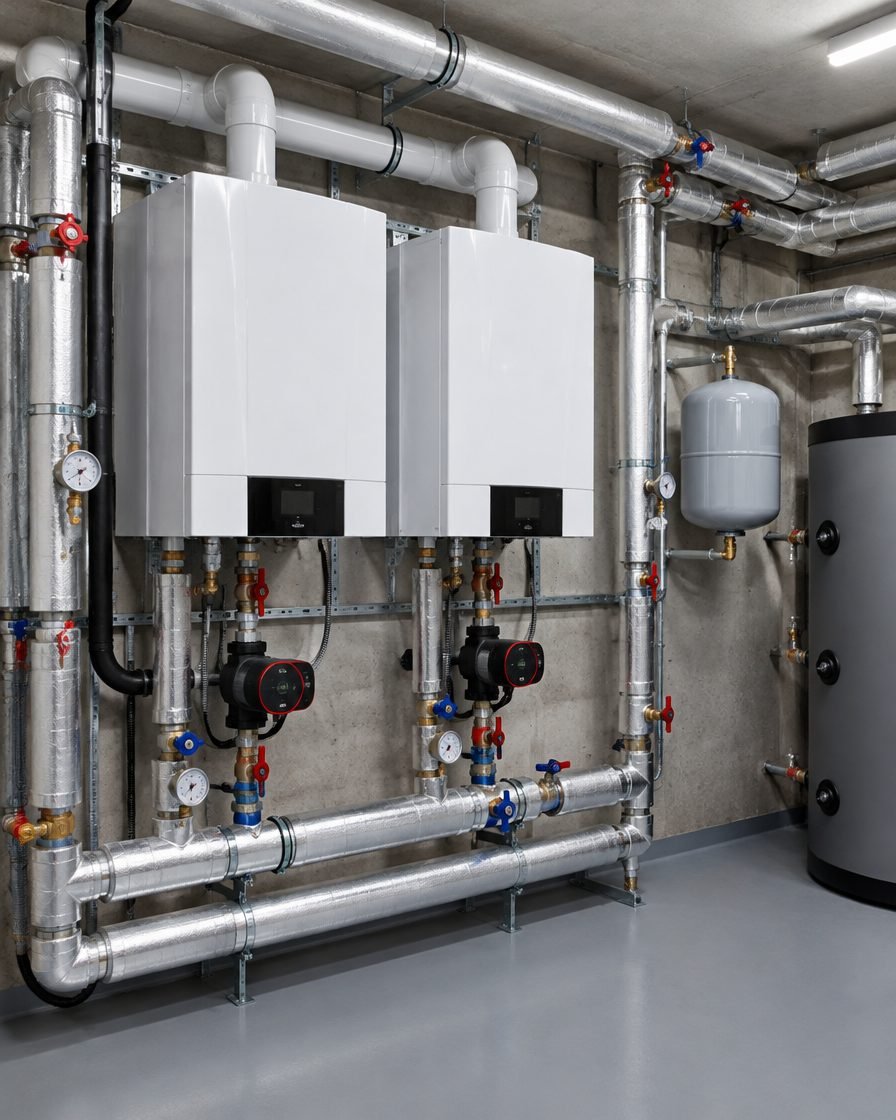 Chaufferie collective moderne : chaudières à condensation en cascade, circulateurs et réseaux calorifugés